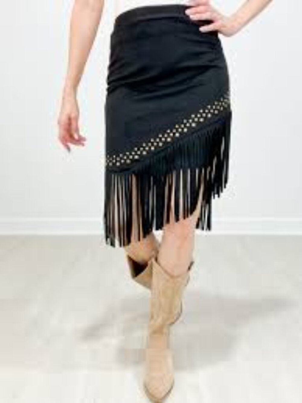 NWOT Vocal Black Fringe Faux Suede Pencil Skirt with Stud Detail
